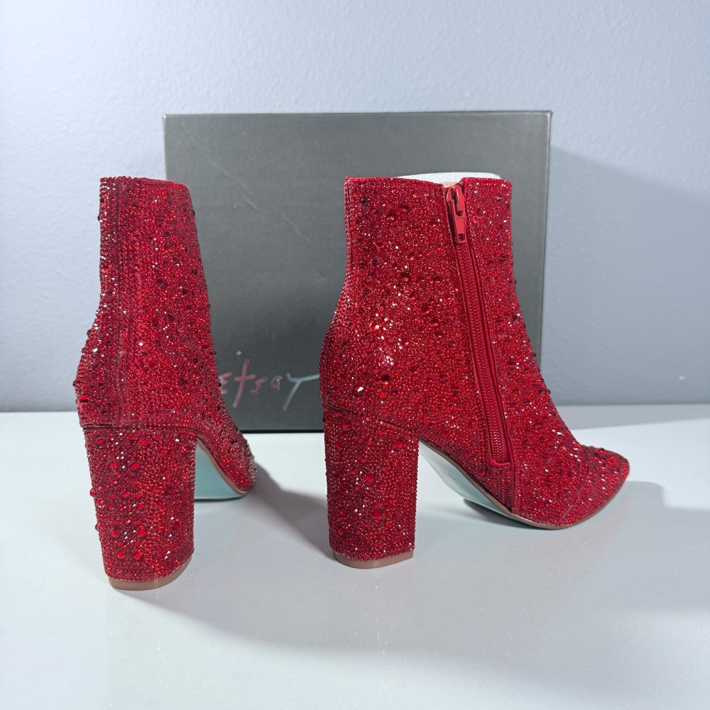 Betsey Johnson SB-Cady Red Rhinestone Glass Stone Block Heel Ankle Boots 5.5M - Picture 3 of 12